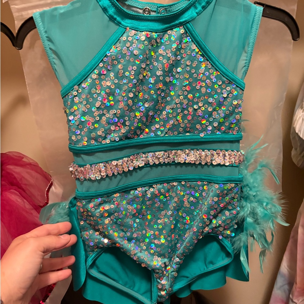 Weissman Teal and Silver Dance Costume with Sequins and Feathers